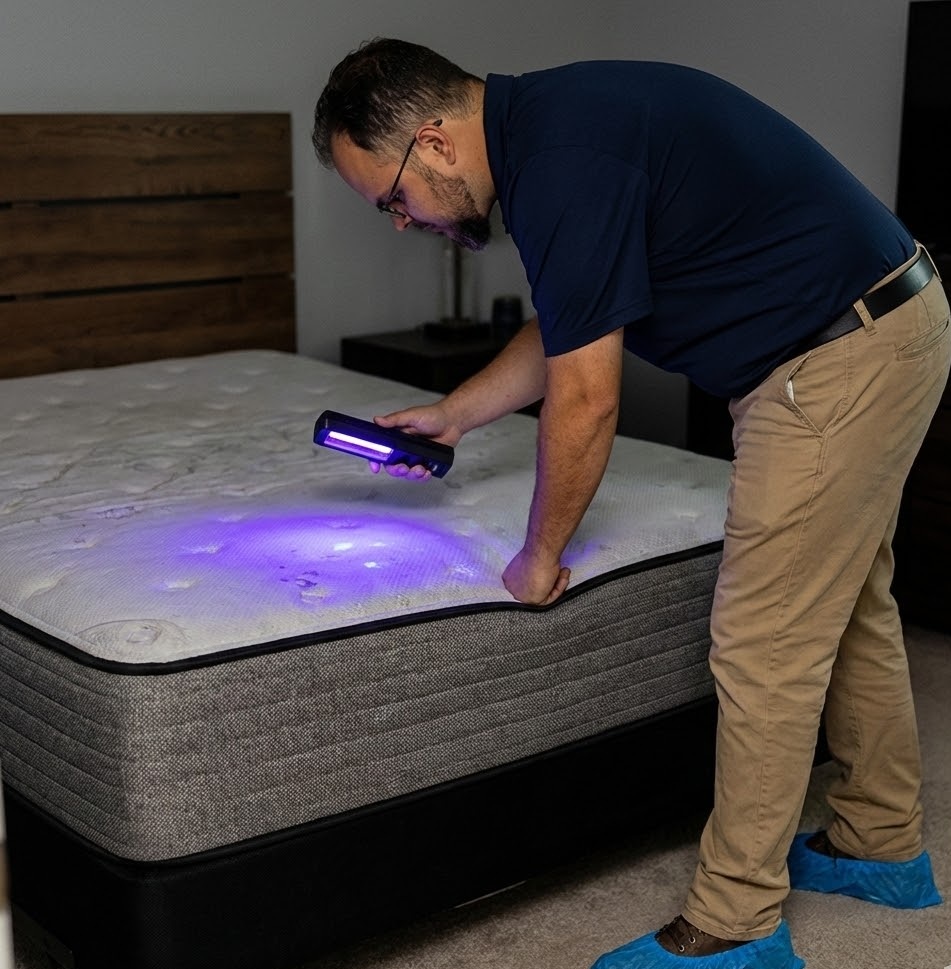 kevin inspecting a mattress with a blacklight