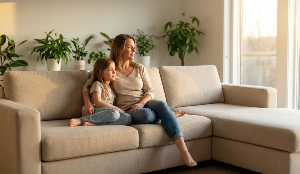 woman and child on clean lexington sectional sofa